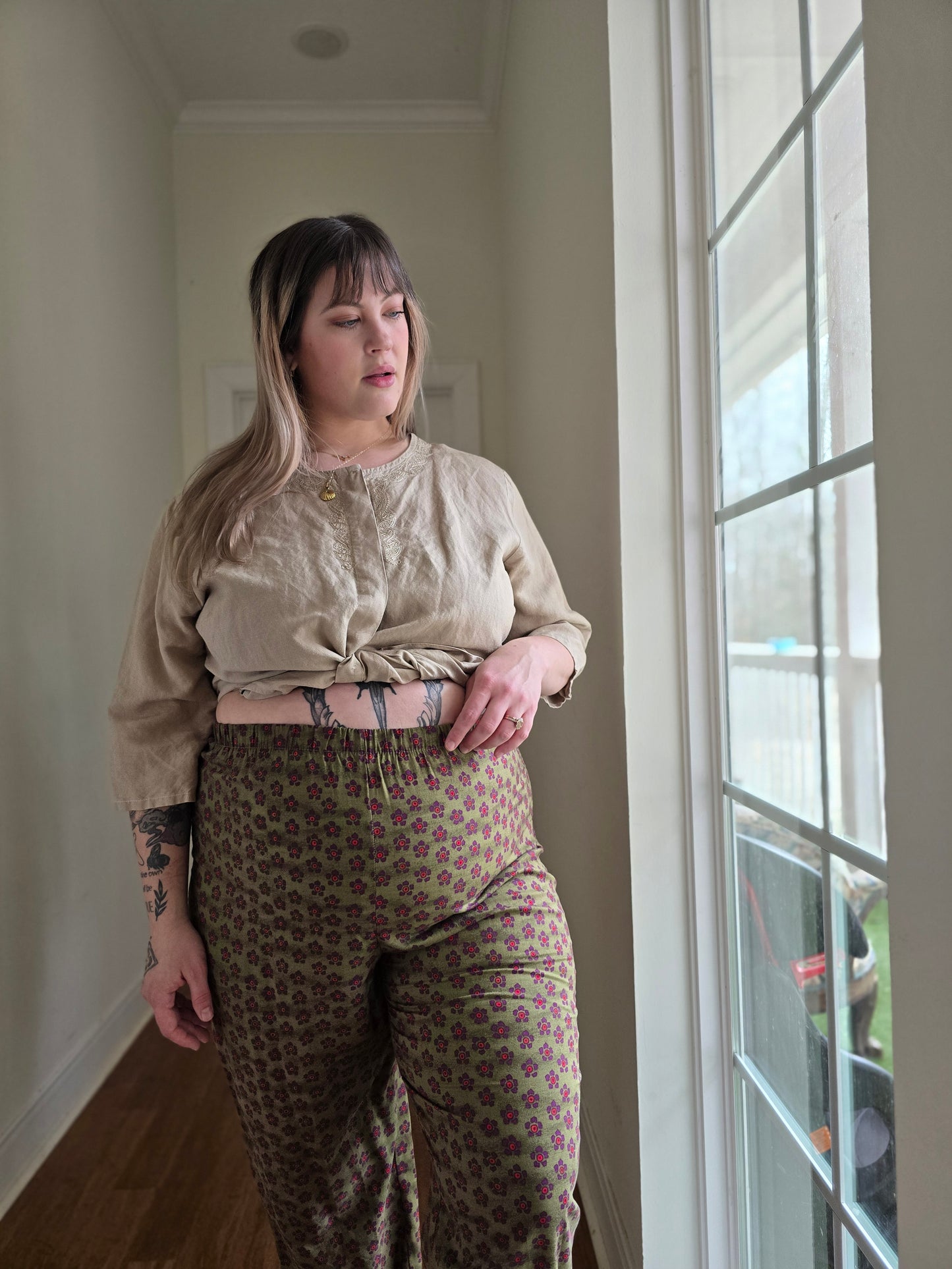 Olive Floral Pants | XL