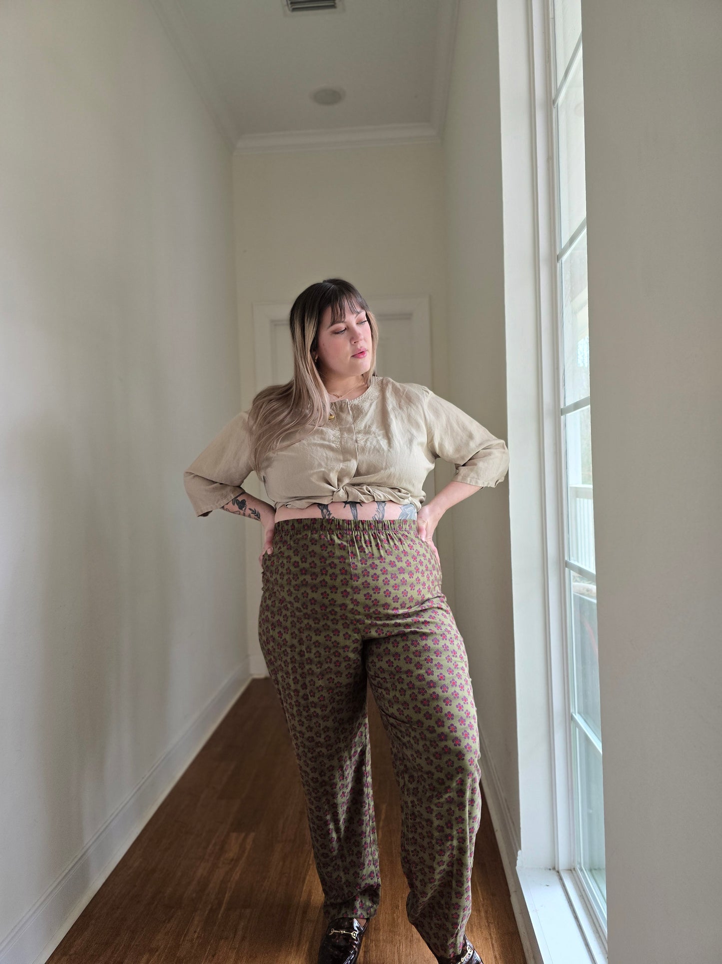 Olive Floral Pants | XL