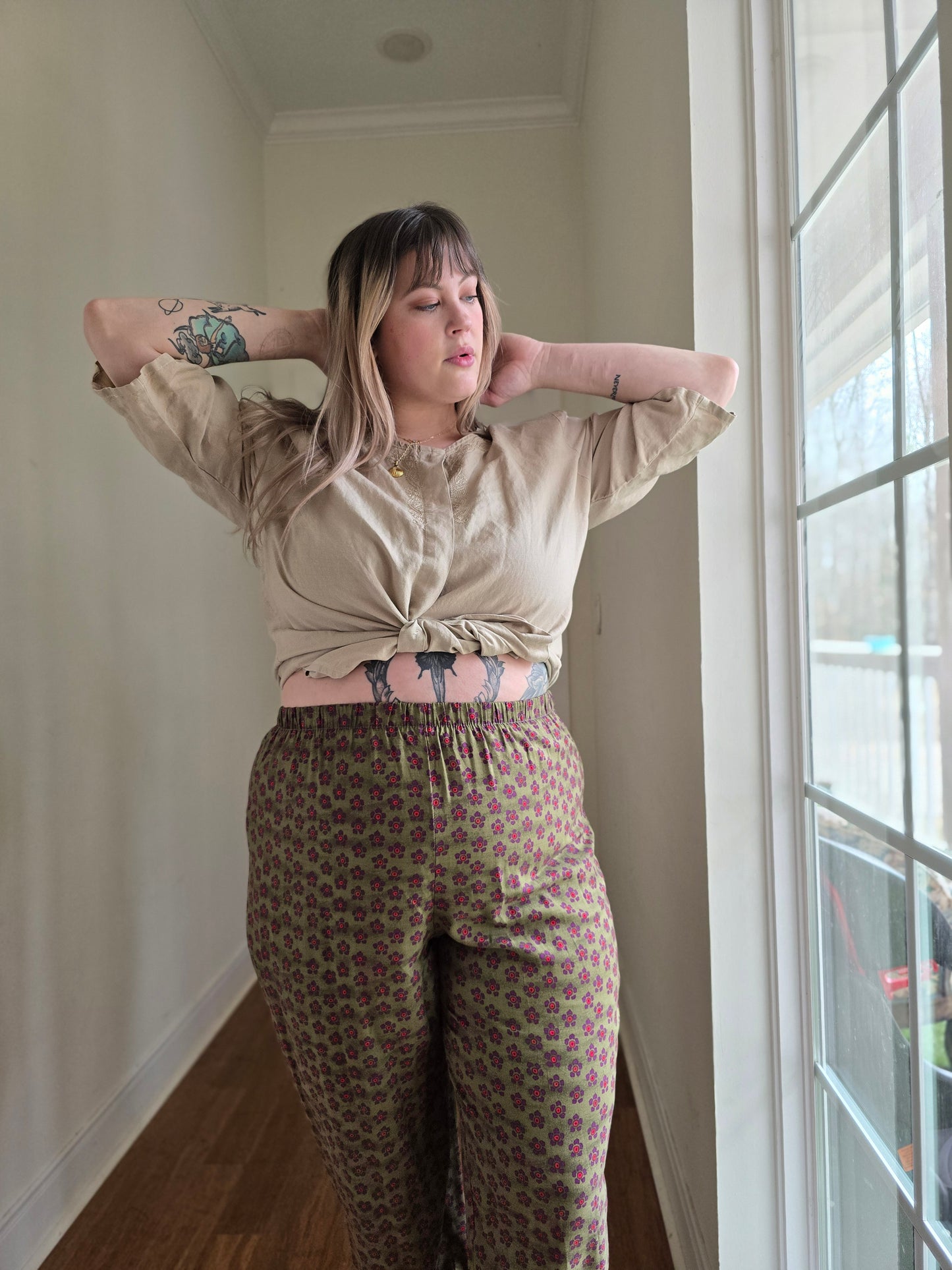 Olive Floral Pants | XL